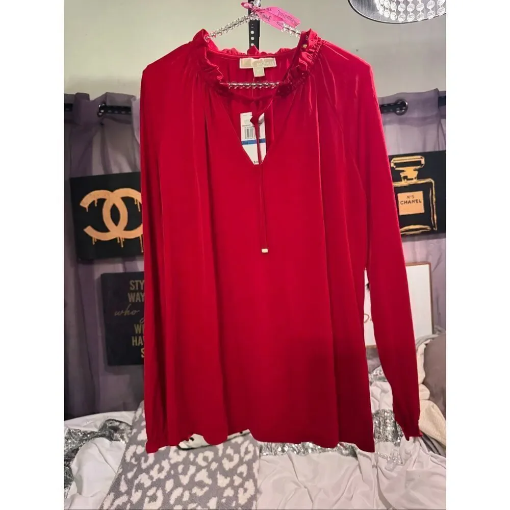 MK michael Kors long sleeve tassel tie front top/shirt/blouse red currant sz XL